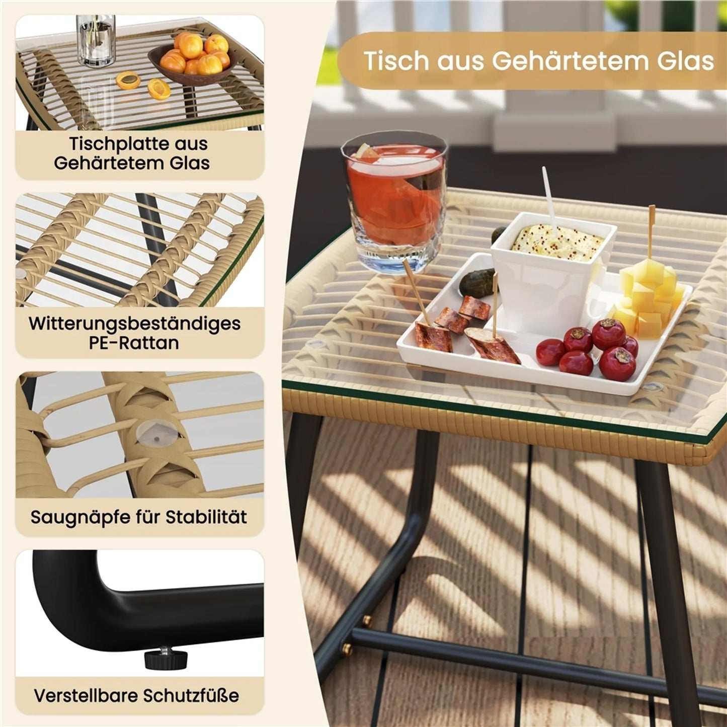 Yaheetech Bistro Garden Set 3-Piece - 61 x 65 x 76 cm - Comprend un plateau de table en verre et un siège et des coussins décoratifs - Pour balcon et terrasse - Light Brown and Metal