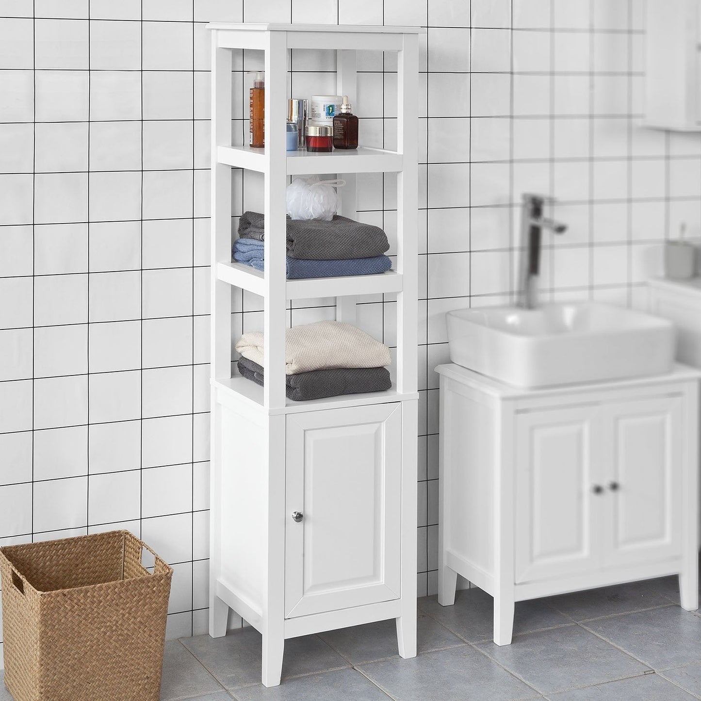 SoBuy Armoire de toilette haute - 3 compartiments 1 porte - Blanc - 40x150x33 cm