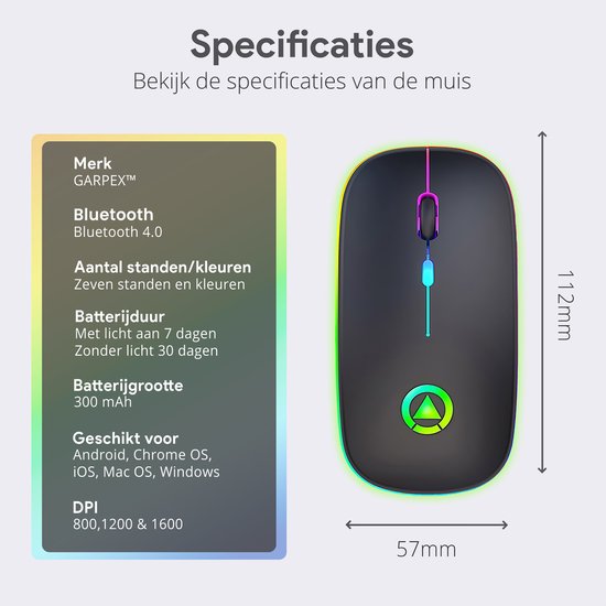 Techvavo® Wireless Mouse Laptop - Souris d'ordinateur - Souris rechargeable - Eclairage LED - Souris sans fil silencieuse - Convient pour les jeux - Noir