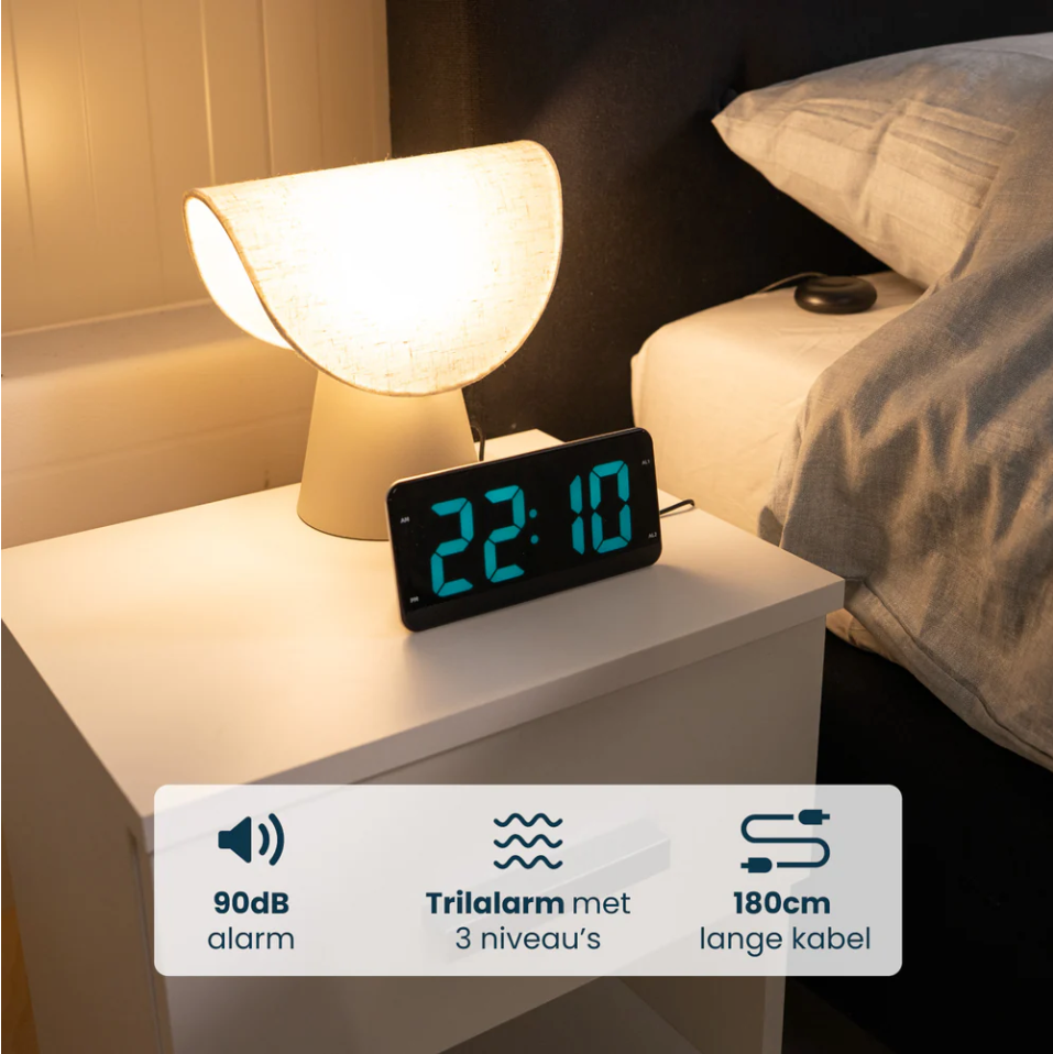 Réveil DreamCare Pulse avec fonction vibration et vibreur de lit – Doté d'un écran entièrement réglable en luminosité, d'une double alarme et d'une fonction snooze – Pour les gros dormeurs et les malentendants – Plastique noir – Câble de 180 cm