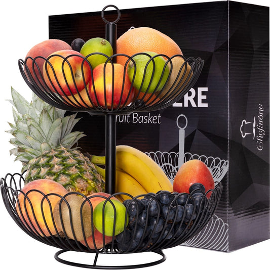 Corbeille à fruits à 2 étages - Chefarone -Panier à Fruits - Coupe à Fruits - 2 étages - Rangement - Métal - Noir