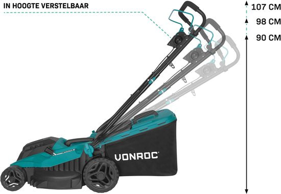 Tondeuse à gazon VONROC - 1600W - Largeur de coupe 38 cm - Cinq hauteurs de coupe réglables : 25/40/50/60/70 mm - Bac de ramassage 42L inclus