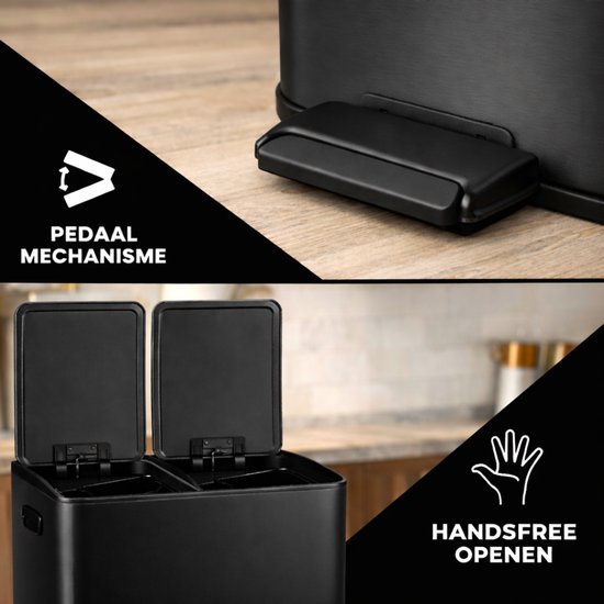 Bayt Poubelle - Poubelle 60 litres (2x30) - Poubelle 60 litres - Poubelle à pédale 60 litres - Poubelle Séparation des déchets - Poubelle 2 compartiments - Poubelle - inox - Noir