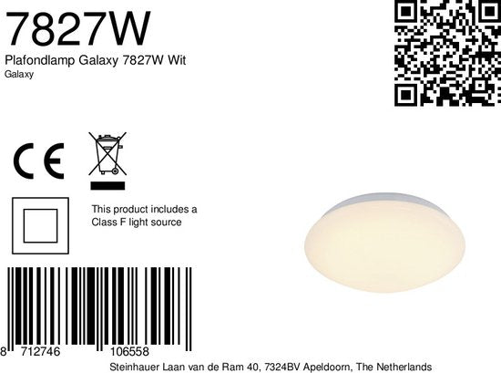 Plafonnier Galaxy 7827W Blanc 2700 Kelvin - Plastique/Métal - Moderne - Mexlite, adapté aux salles de bains (IP44)