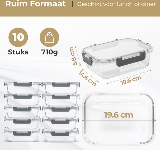 Stosh Meal Prep Trays - Plateaux fraîcheur - Plateaux congélation - Etanches à l'air - 10 pièces - 1L - Sans BPA - Verre