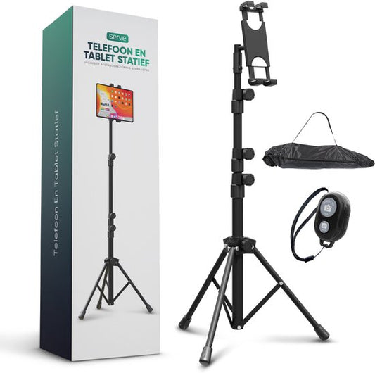 Serve Tablet Stand - Tripod Holder Tripod for Smartphone & Tablet - Incl. Carrying Bag & Bluetooth Remote - iPad Tablet Holder Lectern Aluminium - Black