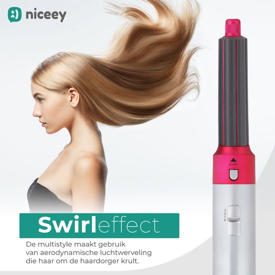 Niceey Brosse pour sèche-cheveux - Fer à boucler 5 en 1 - Airstyler - Multistyler - Brosse coiffante - Fer à boucler avec accessoires - Sèche-cheveux avec brosse - Avec gant - Brosse à boucler - Brosse à cheveux - Modèle 2025 - Gris/Pourpre