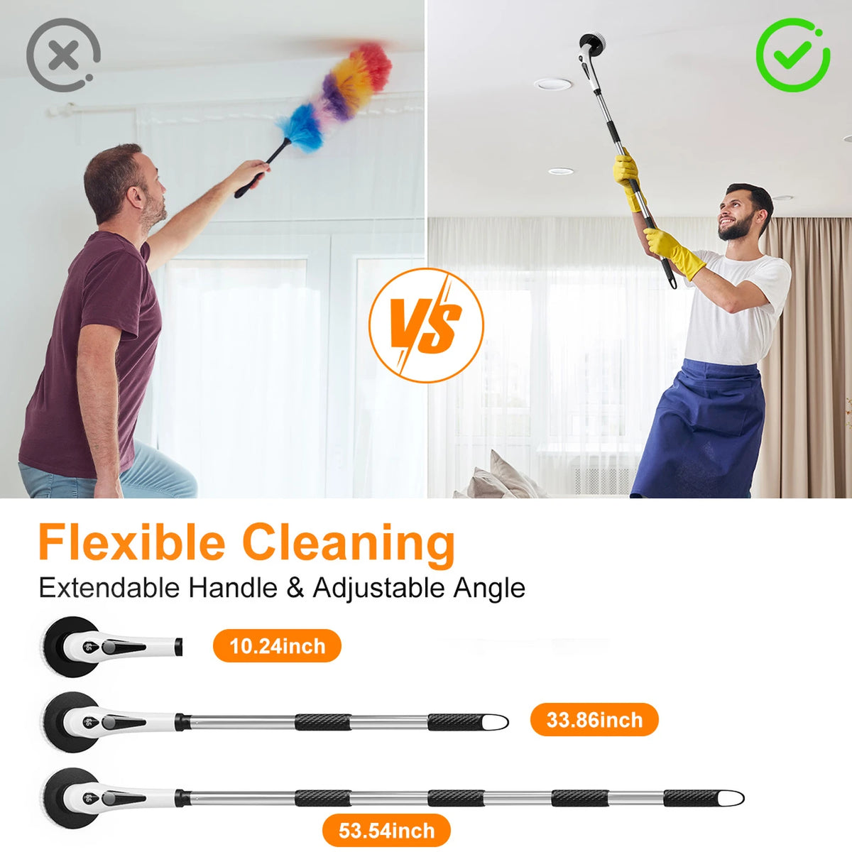 Brosse à récurer électrique sans fil Prasky - 9 têtes de brosse et manche télescopique de 55 à 120 cm - 400 tr/min - Étanche IPX8 - Noir