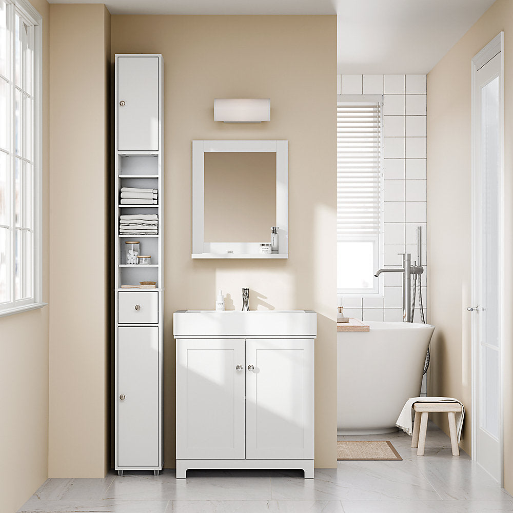 SoBuy Meuble de salle de bain haut et étroit - Meuble de rangement compact avec étagères et tiroir réglables - 20x20x180 cm - Blanc