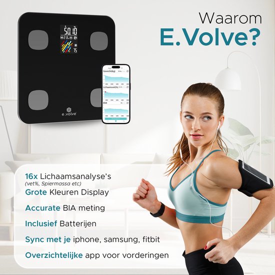 e.volve Scale Personal Scale Digital - 16 mesures - Smart Scale with Body Analysis - Precision Scales - Scales - Digital Scales - Incl. App.