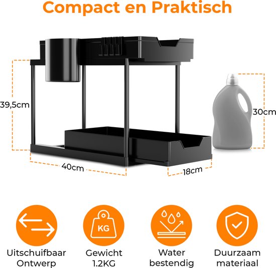 Posity Rangement pour évier - Rangement pour armoire de cuisine - Tiroir coulissant - Rangement pour armoire - Rangement pour salle de bain - Rangement pour comptoir - 2 tiroirs coulissants - Noir