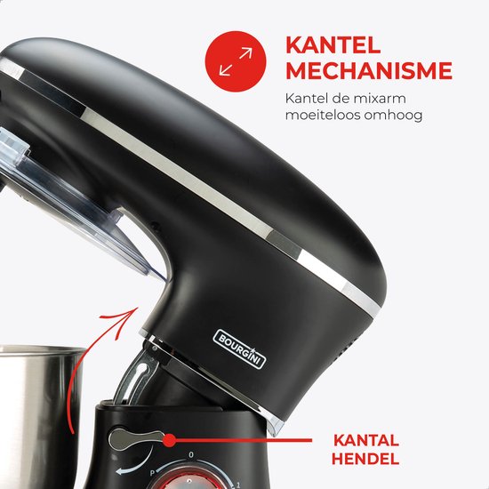 Bourgini Kitchen Chef Plus - Robot de cuisine XL - Bol de 6,2 L - Robot ménager - 3 accessoires - Mixeur de cuisine - Pétrissage de 1,2 kg de pâte à pizza/à pain