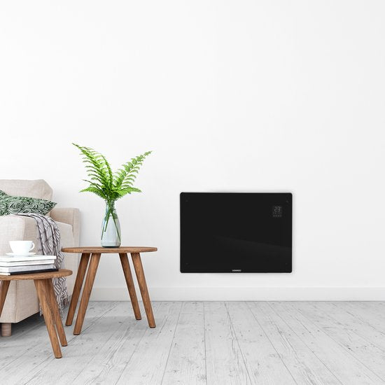 Chauffage électrique - VONROC  - Convecteur avec panneau en verre - 750W/1500W - Chauffe les pièces jusqu'à 18m2 - Contrôlé par l'application (via Wifi) et manuellement - Thermostat et minuterie réglables - Noir
