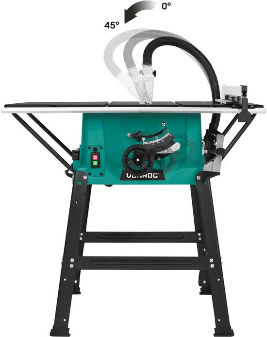 VONROC Table de sciage 2000W - Ø250mm - Grande surface de travail - Angle de sciage réglable de 0° à 45° - Avec technologie soft-start - Lame de scie 60T et support inclus