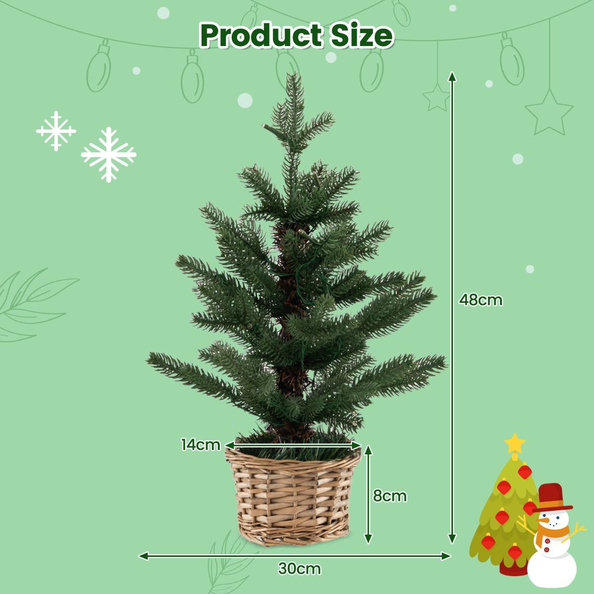 Coast Illuminated Artificial Mini Christmas Tree in Pot - 48 cm High - Green/Nature - 96 Branch tips - 20 Warm White LED Lights - Timer - Wicker Pot