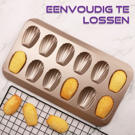 Homewell - Moule à Madeleine avec 12 formes de coquilles - Revêtement antiadhésif - Pinceau et livre électronique inclus