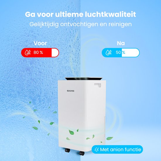 Déshumidificateur et purificateur d'air Auronic - Pro Series - 10L par jour - Fonction Wash-dry - Chambre à coucher, salle de bains et salon - Blanc