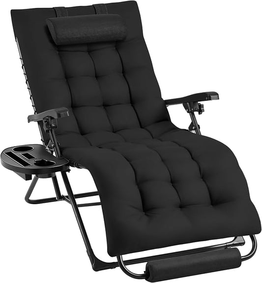 Chaise longue pliable Yaheetech Zero Gravity - Noire - Chaise de détente avec coussin, repose-pieds et porte-gobelet, jusqu'à 200 kg