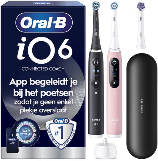 Brosse à dents électrique Oral-B iO 6, lot de deux - Noir et rose - 3 têtes de brosse - Étui de voyage haut de gamme