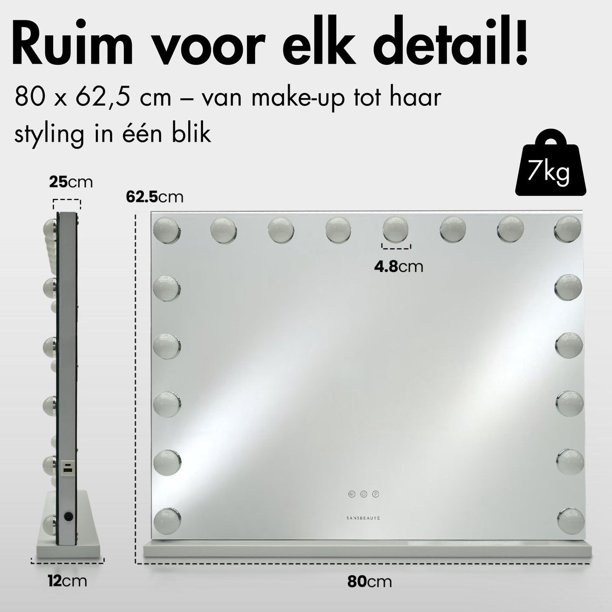 Sansbeauté® Hollywood Mirror 80x62.5 cm - Miroir de maquillage - 18 lampes LED - grossissement 10x - dimmable - port de charge USB - Touch Control - blanc