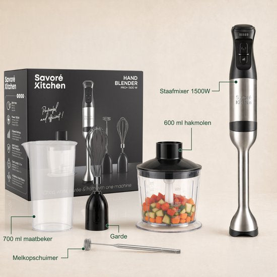 Mixeur plongeant Savoré Kitchen Pro+ 1500 W – Ensemble comprenant un hachoir de 600 ml, un fouet, un mousseur à lait et un verre doseur – 5 vitesses – 6 lames – acier inoxydable
