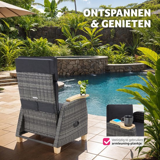 tectake® - Fauteuil d'extérieur en osier - Fauteuil à haut dossier - Repose-pieds et dossier réglable - Fauteuil relax avec fonction d'inclinaison - Meubles de salon pour le jardin - Fauteuil de terrasse - Fauteuil de lecture - Incl. espace pour tasse/ver