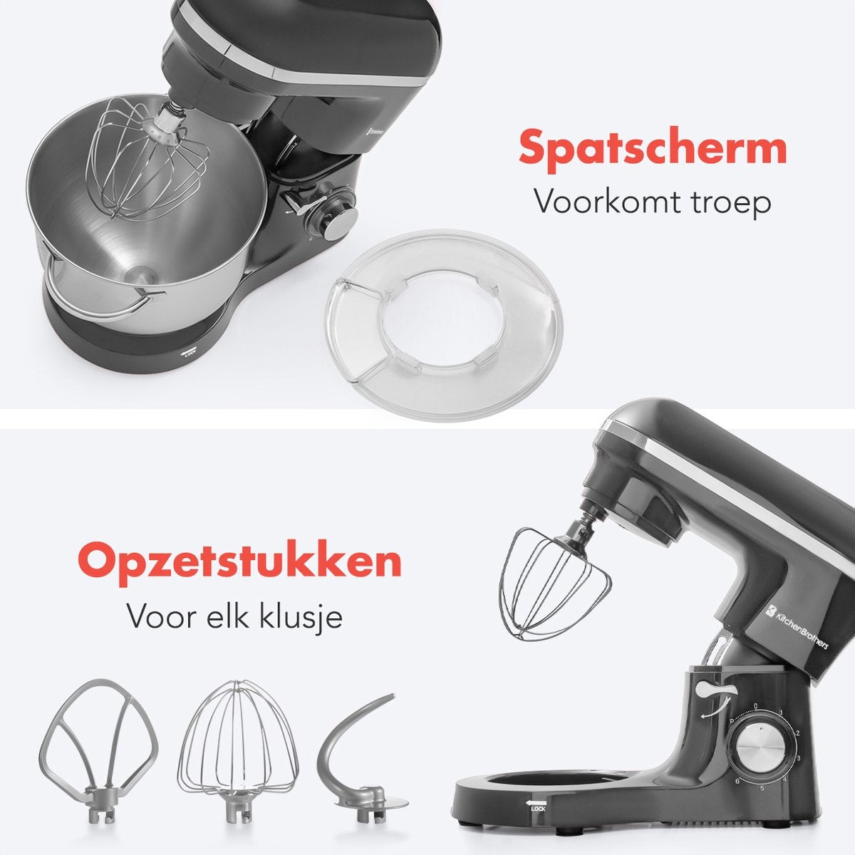 KitchenBrothers Food Processor - Mixeur de cuisine avec bol de 6L en acier inoxydable - Robot de cuisine - 1400W - Anthracite