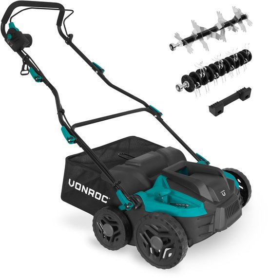 VONROC Scarificateur électrique - aérateur de gazon - 1500W - largeur de coupe 36 cm - 5 positions : 4 positions de profondeur (12/9/6/3 mm) + 1 position de transport (+10 mm) - bac de ramassage 45L inclus