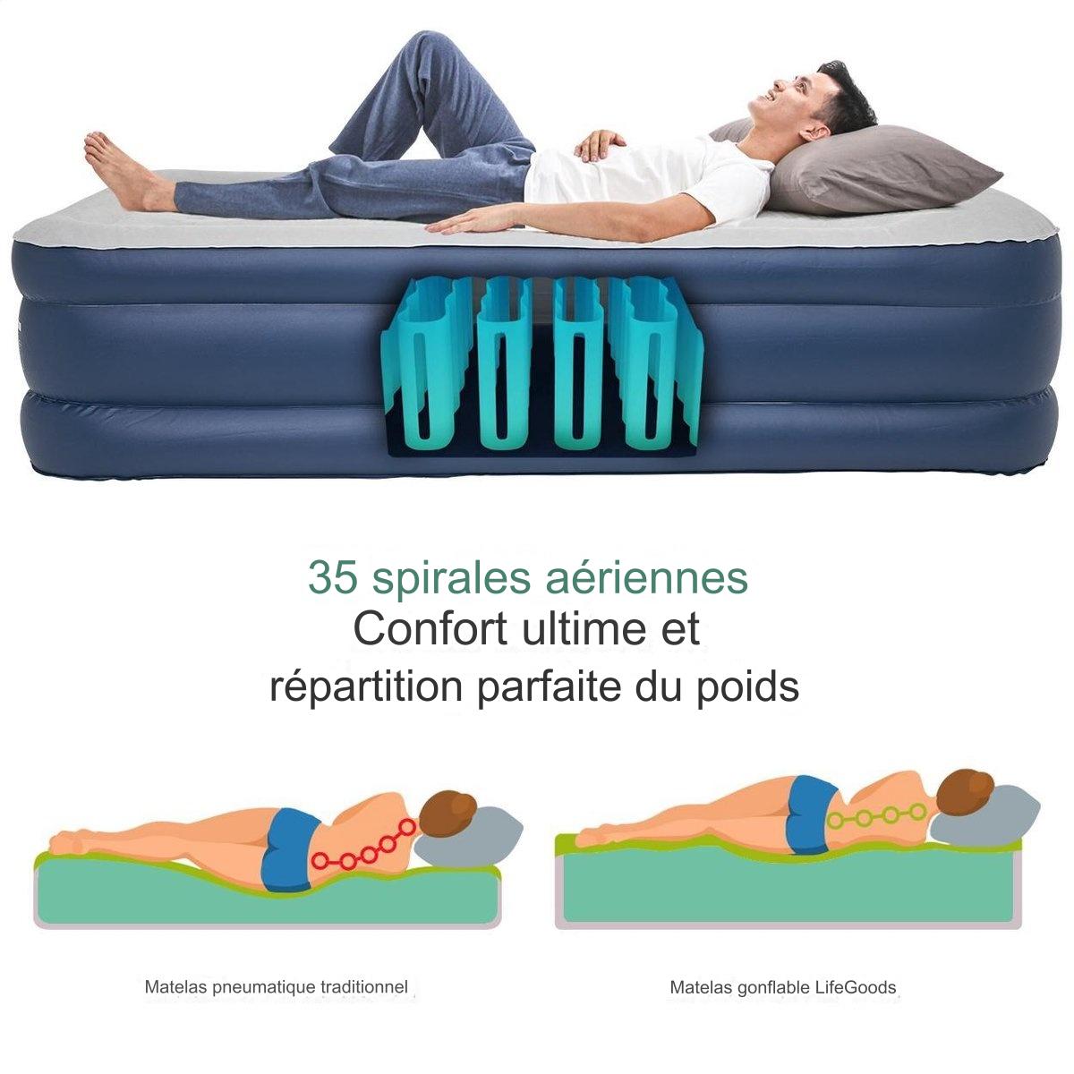 Lit gonflable LifeGoods - 2 personnes - Avec pompe intégrée - Sac de transport et kit de réparation inclus - Bleu