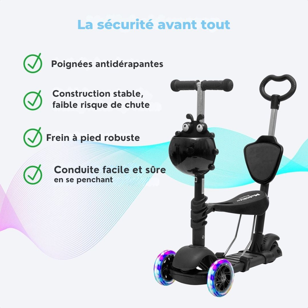 Scooter pour enfants avec barre de poussée - LifeGoods MultiRider - 3 -8 ans - Garçons/Filles - 3 roues lumineuses - Noir