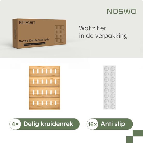 Noswo Spice Rack Drawer - 4 Layer - For 28 Spice Jars - stainless steel - Spice Organiser - Kitchen Drawer Organiser - Bamboo