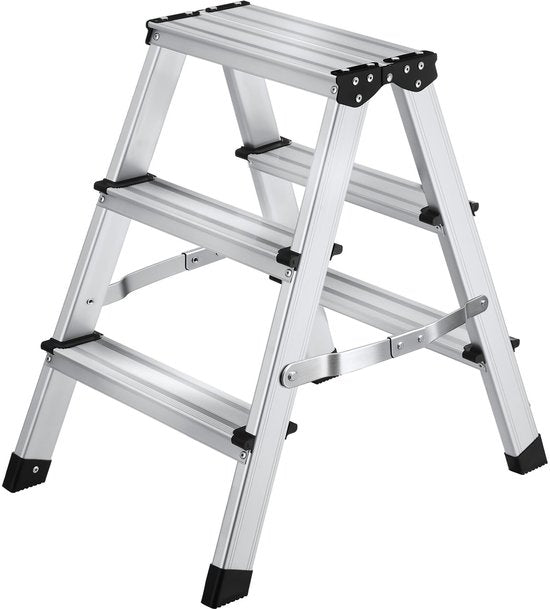 Échelle de cuisine double face en aluminium tectake® - 3 marches - 58 cm - Échelle robuste - Marchepied pliable - Échelle ménagère antidérapante