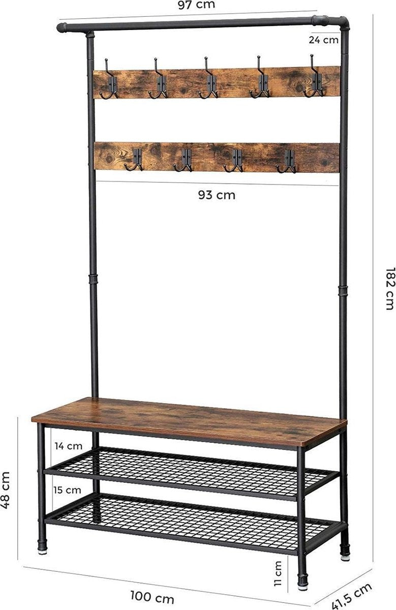 O'DADDY® kapstok staand - kapstok met schoenenrek - 23 haken 2 laags schoenenrek 10 paar - garderoberek - 100 x 41,5 x 182 cm - bruin