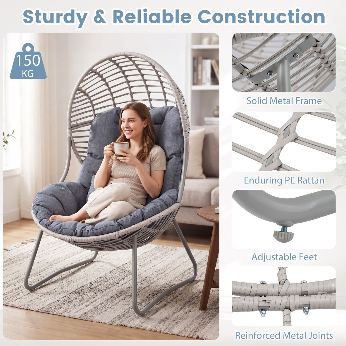 Fauteuil Coast en rotin - design en forme d'œuf - coussins amovibles - gris