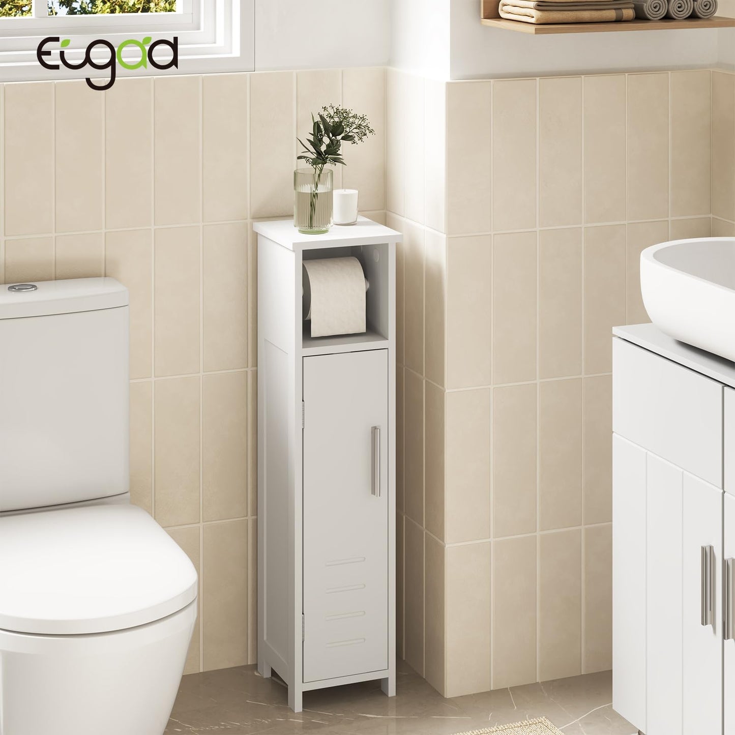 EUGAD 0229WY meuble de salle de bains pour WC - étroit, blanc - étagère réglable et porte-papier toilette