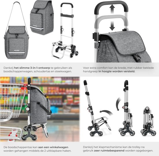 Chariot de courses tectake® 3-en-1 avec compartiment réfrigérant - Roues 4-Traploop - Pliable - Capacité de 56 L - Chariot de courses - Chariot de supermarché - S'utilise également comme diable et sac à provisions - Avec porte-clés et jeton de caddie