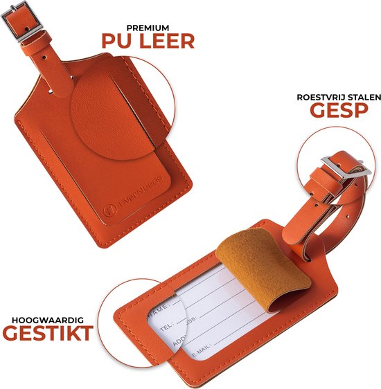 EverNeeds Etiquette de bagage - Etiquette de bagage pour valises - Etiquettes de bagage - Cuir PU - Orange - 2 pièces