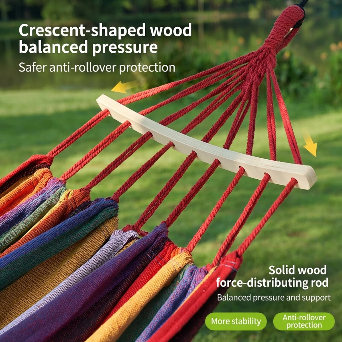ochama x J.ZAO Hamac double de camping 200 × 150 cm - Rainbow - Capacité de charge de 150 kg - Barres d'écartement en bois - 2 sangles incluses