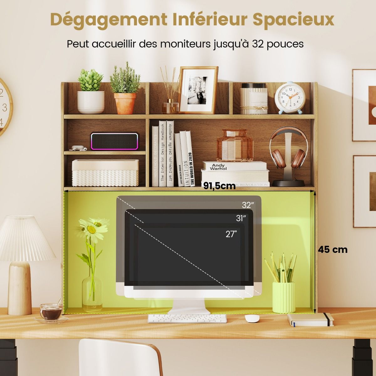 coast - Meuble de rangement pour bureau - 94 × 24 × 85 cm - Nature - Organisateur de bureau avec 6 étagères et espace pour moniteur