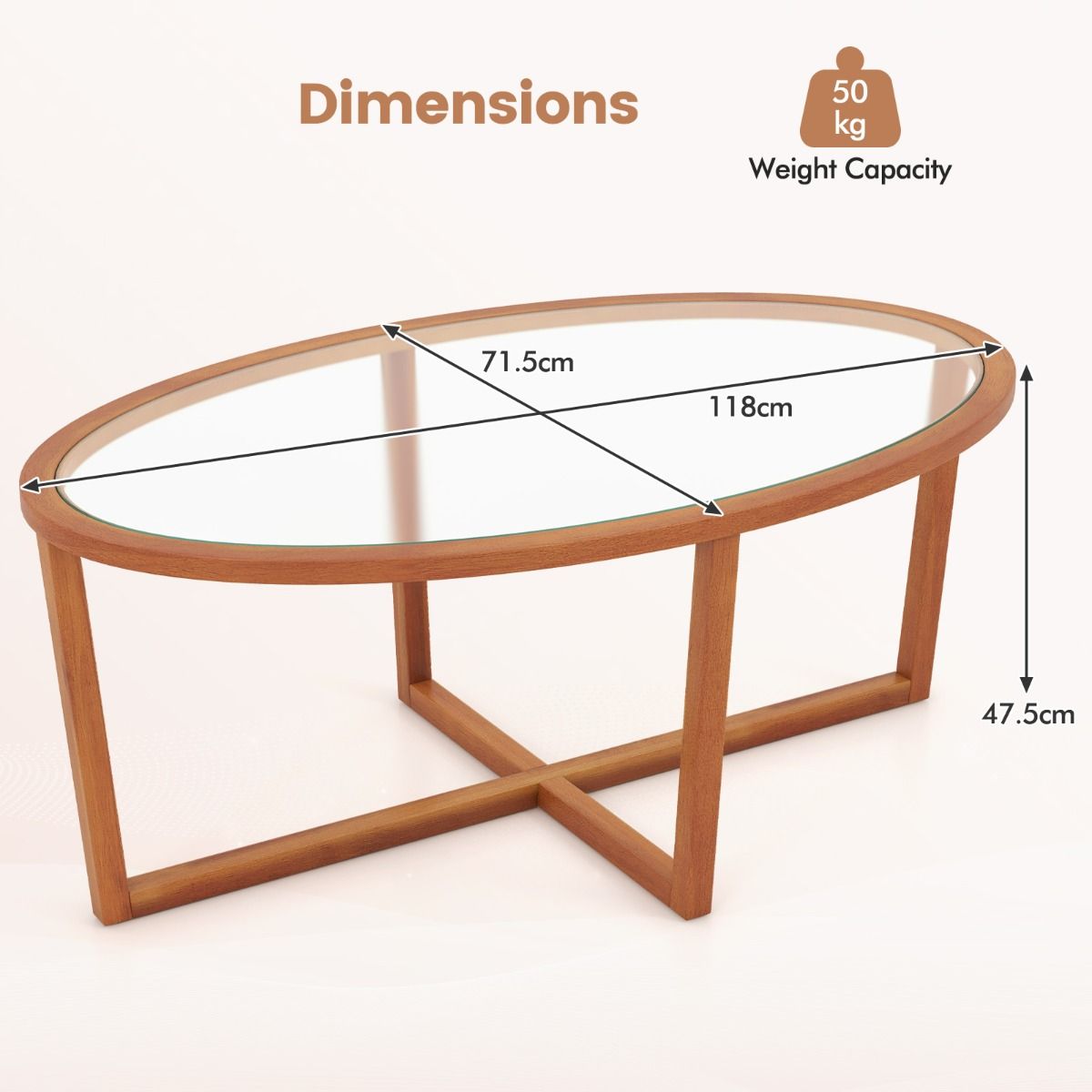 Table basse Coast - verre trempé ovale - piètement en croix en bois d'acacia - marron - 118 x 71,5 x 47,5 cm