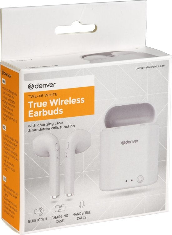 Denver TWE-46 - Earbuds - Wireless - Draadloos Oordopjes - Bluetooth - met oplaad case - handsfree - sporten - headset - In-ear - Bluetooth 5.0 - Wit