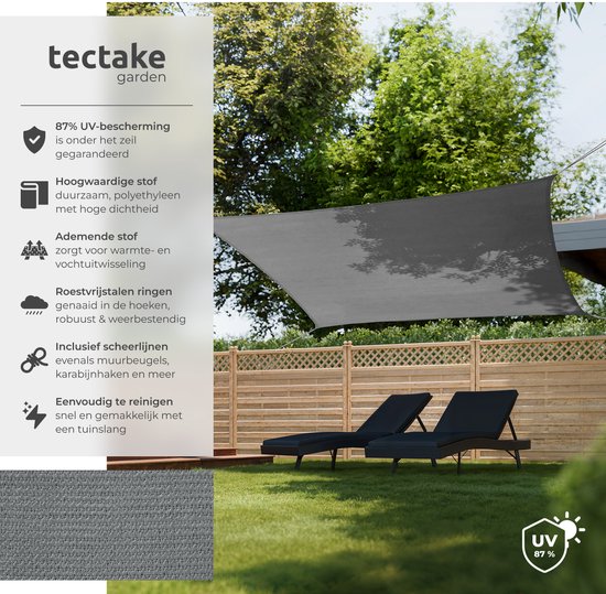 tectake® Toile d'ombrage rectangulaire Sunny - 3 x 5 m - Toile d'ombrage extra robuste en HDPE 185 g/m² - Protection UV 50+ - Résistant aux intempéries et à la déchirure - Parasol pour jardin, balcon, terrasse - Parasol avec matériel de fixation - Gris