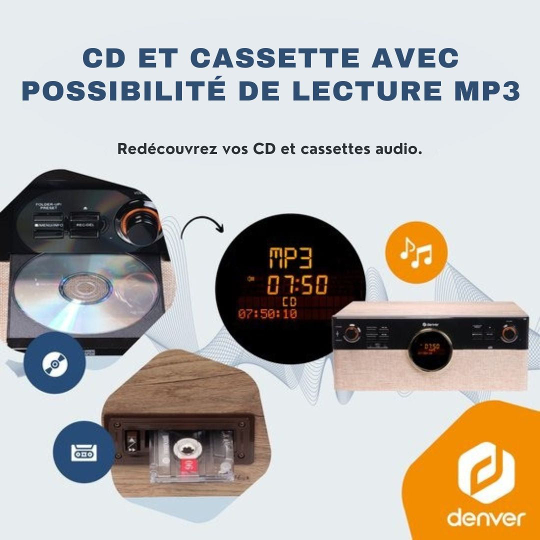 Platine vinyle rétro - Denver - Radio - CD - Cassette - Bluetooth - Auto stop - MRD180 - Bois