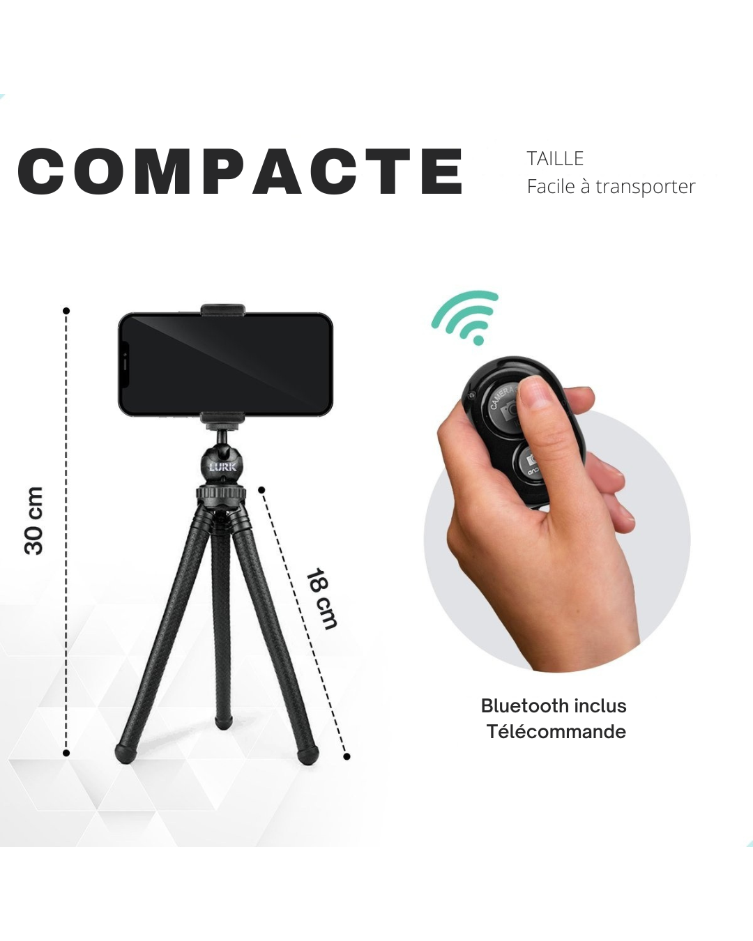 LURK® 3 in 1 Flexible Octopus Tripod trépied pour smartphone et caméra (d'action) - Comprend une pince pour téléphone et une télécommande bluetooth - 25 cm
