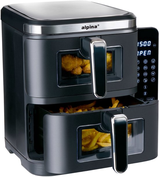 alpina Airfryer XXL - Double Friteuse 11L - Friteuse à air chaud 2 paniers - Doublement empilée pour 8 personnes - Ecran pliable - Fonction minuterie jusqu'à 60 minutes - Température 60-200°C - Noir