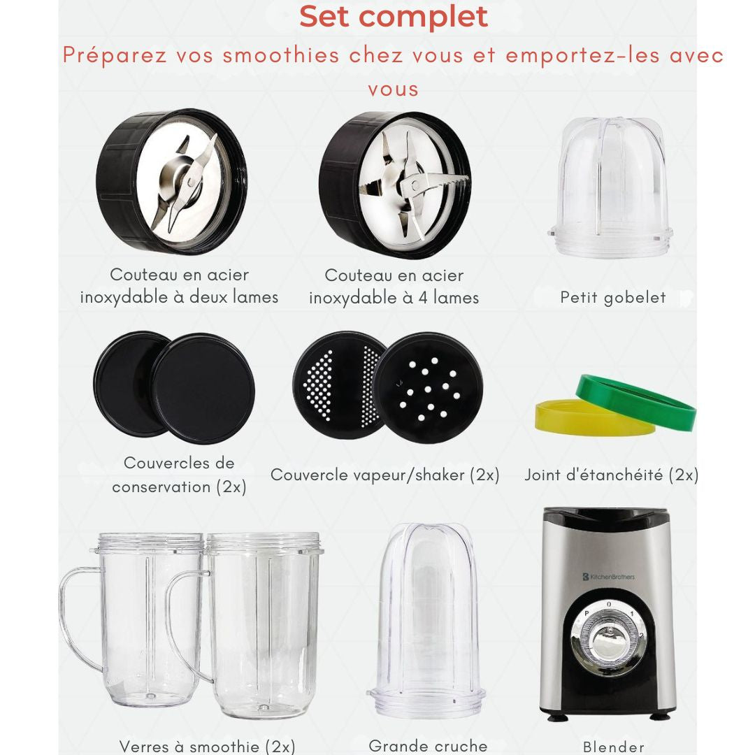 Mixeur Smoothie - KitchenBrothers - 13 Pièces - 4 Gobelets - 350W - acier inoxydable