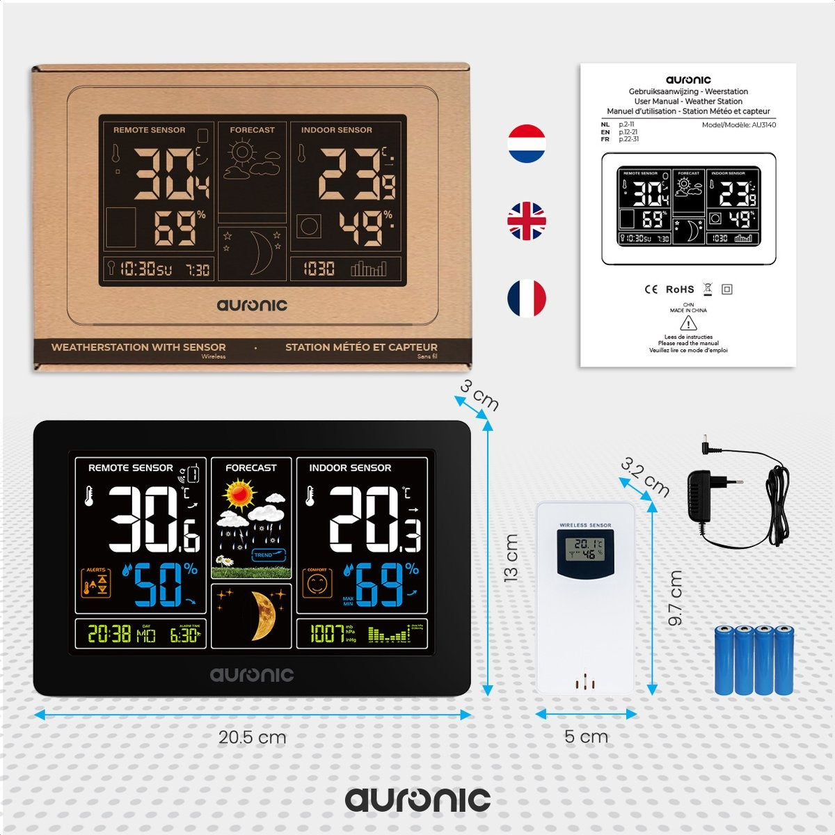 Station météo - Auronic - Sans fil - Intérieur et extérieur - avec capteur - Portée 60M - Noir