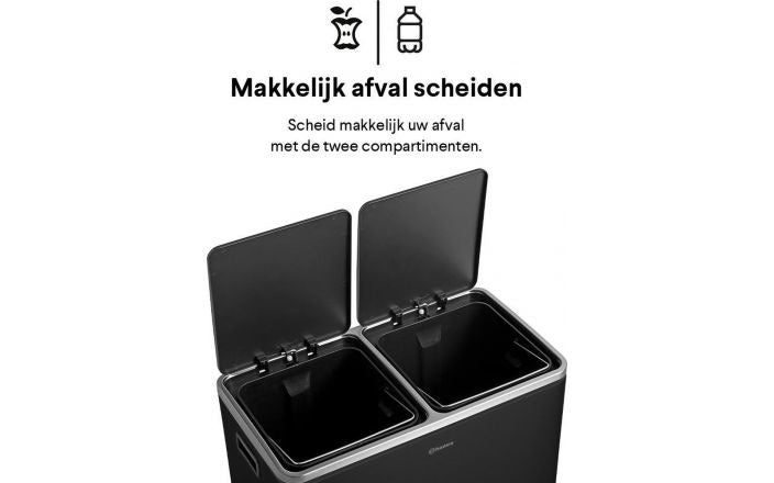 Homra QUICKX Duo - Poubelle - Séparation des déchets - 2 compartiments - acier inoxydable - 60 litres (2x30 L) - Noir