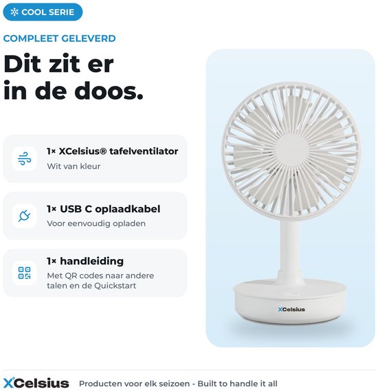 Ventilateur de table sans fil XCelsius® - Ventilateur de bureau, de table et de poste de travail - Rechargeable via USB-C - 4 vitesses - Mode oscillant - Inclinable - Utilisable pendant la recharge - Blanc