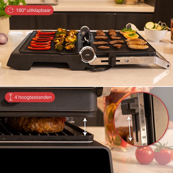 AoraKitchen Contact Grill - 180º Fold-out - Appareil à griller avec plaques amovibles - 7 supports - Fer à sandwich et à panini - 2000W